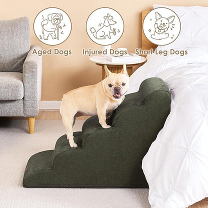 EHEYCIGA Curved Dog Stairs Ramp for High Beds 22.6" H, 5-Step Dog Steps for Small Dogs and Cats, Pet Stairs for High Bed Climbing, Non-Slip Balanced Pet Step Indoor, Military Green