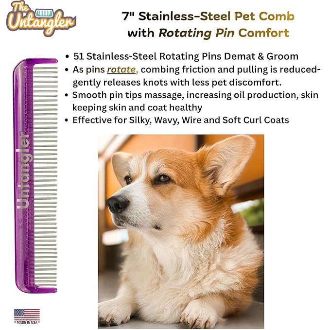 Pet comb for easy mat removal - silky smooth rotating teeth untangles without causing pain to pets. (7", Purple)