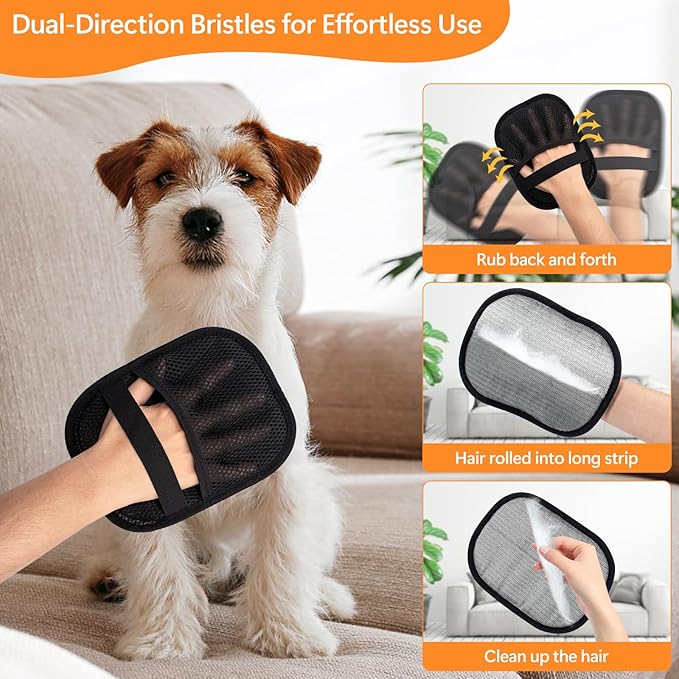 Pet Hair Removal Glove for Cats & Dogs, Upgraded Electrostatic Five-Finger Pet Fur Remover Gloves with a Fine-Tooth Comb Brush, Reusable Hair Removal Tool for Fabric Surface, Car Seat (9.45" x 6.69")