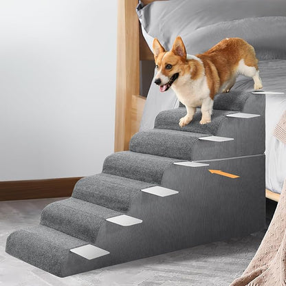 7 Steps Dog Steps for High Bed, 29.5'' High Dog Stairs for Small Dogs, Waterproof Pet Stairs for Small Old Large Dogs and Cats with Removable Cover & PE Support Board for Bed, Car or Couch
