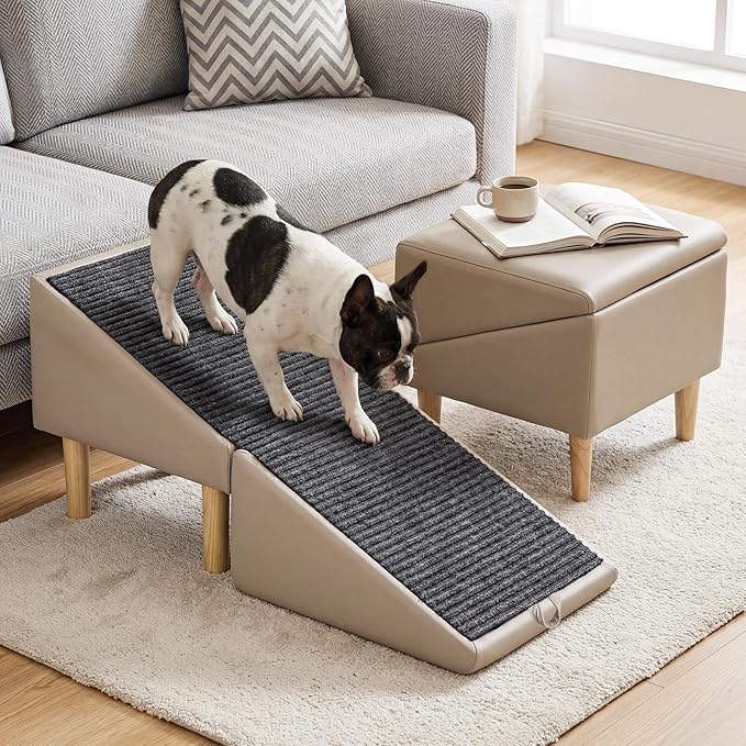 Dog Ramps, Foldable 2-in-1 Wooden Pet Steps, 23 Incline Foldable Dog Ramp Ottoman, Solid Wood Anti-Slip Pet Ramp, Split Ottoman Design, Foldable Pet Steps for Large and Small Cats & Dogs