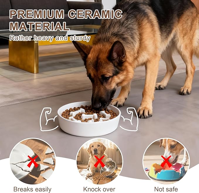 Ceramic Slow Feeder Dog Bowls, Ceramic Slow Feeder Maze Dog Food Bowl, Slow Eating Dog Bowl and Slow Feeder Dog Bowl Anti-Choking for Daily Pet Feeding （White Bone）
