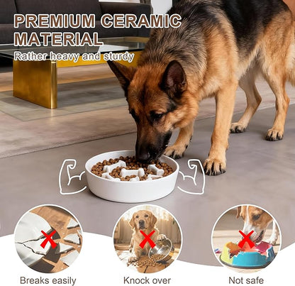 Ceramic Slow Feeder Dog Bowls, Ceramic Slow Feeder Maze Dog Food Bowl, Slow Eating Dog Bowl and Slow Feeder Dog Bowl Anti-Choking for Daily Pet Feeding （White Bone）