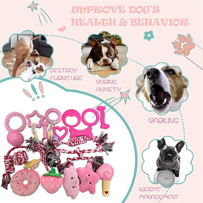 20Pcs Puppy Teething Toys Cute Chew Toy Bundle for Puppies Includes Plush Squeaky Toys,Rubber Ball,Rope Toy,TPR Bone,Dental Chew Ring-Interactive Dog Toy Gift for Small Medium Dogs with Storage Bag