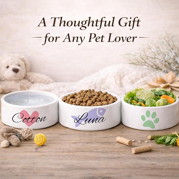 Custom Cat Bowl | Personalized Food & Water Dish with Name | Microwave & Dishwasher Safe Ceramic Pet Feeding Bowl for Kitty | Gift Idea for New Kitten Owners | White – Small