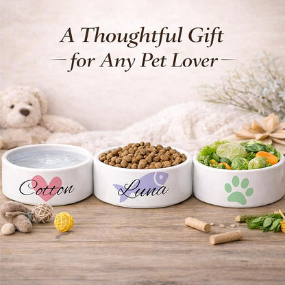 Custom Cat Bowl | Personalized Food & Water Dish with Name | Microwave & Dishwasher Safe Ceramic Pet Feeding Bowl for Kitty | Gift Idea for New Kitten Owners | White – Small