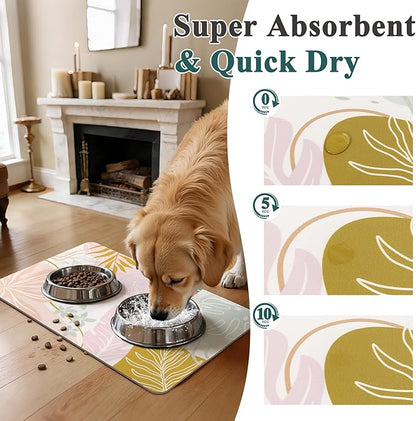 Topotdor Boho Dog Food Mat - Absorbent Quick-Dry Cat Bowl Mat for Food and Water, Non-Slip Pet Feeding Placemat for Messy Drinkers Dog Accessories Pet Supplies, 16"x24", Pink