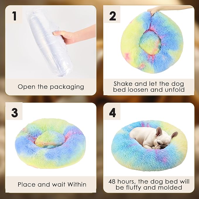 Hoewina Dog & Cat Bed, 20in Cat Beds for Indoor Cats, Calming Donut Bed for Puppy and Kitten, Washable Round Fluffy Pet Bed for Small Medium Dogs and Cats (Rainbow)