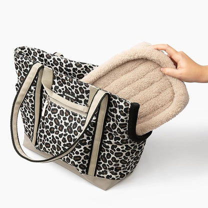 Cleverpup Transit Tote Dog Carrier for Small/Medium Dogs 8-20 lbs, 19x12x9 Soft-Sided 4-Pc Set with Waterproof Base, Plush Insert, Food Pouch, Mesh Head Opening - Medium, Leopard