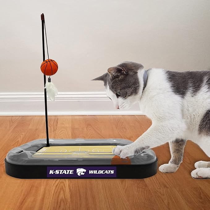 NCAA KANSAS STATE Wildcats 6-in-1 Scratcher and Wand - Basketball Court Cardboard Cat Scratcher with Catnip Plush Ball and Bell