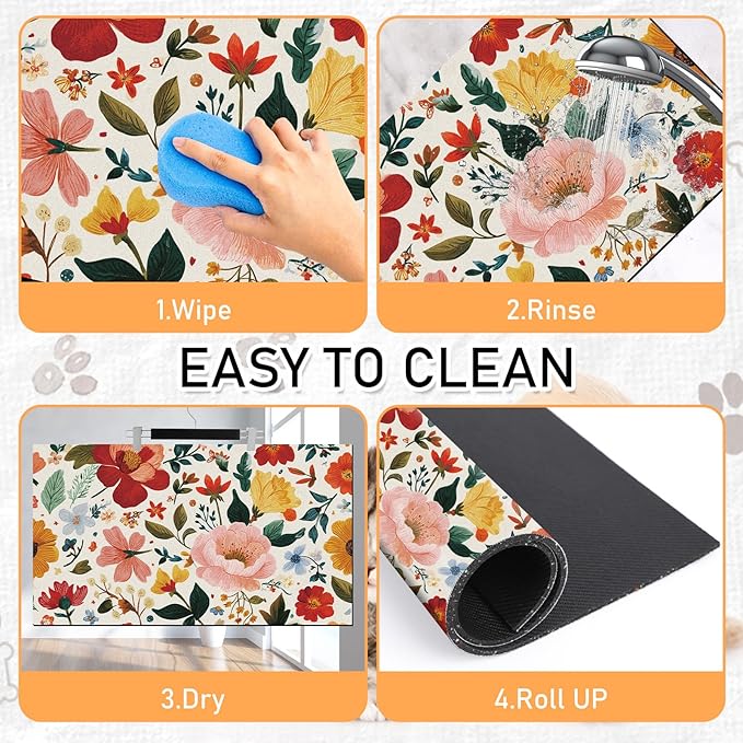 Pet Dog Cat Food Mat - Hamdwerk Absorbent Dog Bowl Mats for Food and Water, Anti Slip Cat Bowl Feeding Placemat for Floors, Quick Dry Diatomite Pet Dish Matts Supplies, Floral Style, 17 * 30in
