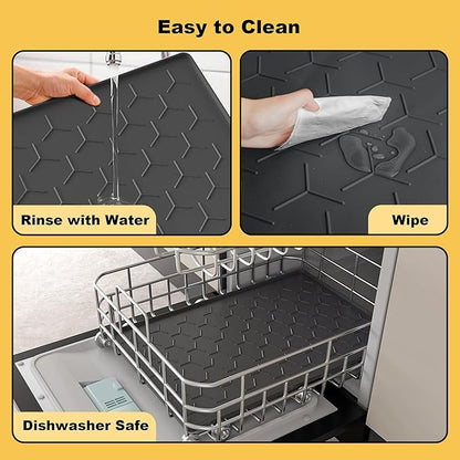 Pieviev 24''x16'' Dog Cat Food Bowl Mat, Silicone Waterproof Food Grade Pet Food Mat for Floor, High Raised Edge to Prevent Spills, Non-Slip & Easy Clean Pet Placemat for Dog & Cat Bowls, Black