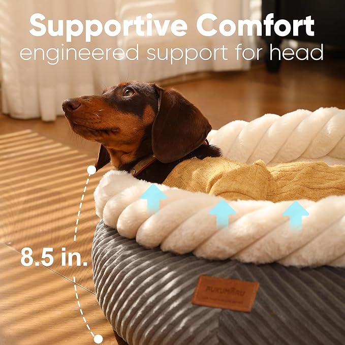 FUKUMARU Dog Bed, Calming Donut Dog Beds, Plush Faux Fur&Corduroy Cat Beds, Cute Round Washable Pet Bed for Large Cats and Small Dogs, Cat Cave with Anti-Slip Bottom, 25inch, Grey