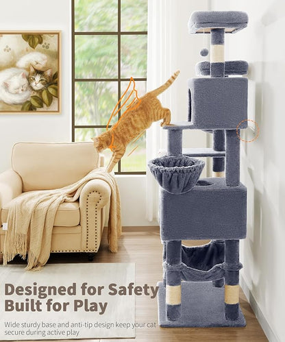 AMHANCIBLE Cat Tree, 70 Inch Cat Tower for Indoor Cats, Multi-Level Cat Tree with Scratching Post, Hammock, Hanging Basket, Large Cat Condos for Adult Cats Kittens, Grey, PT18GY