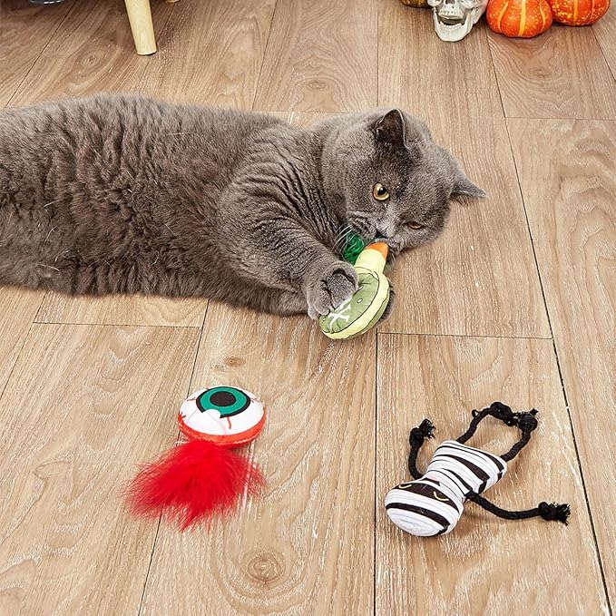Catnip Toys for Indoor Cats – 3-Pack Halloween Plush Cat Interactive Toys with Mummy, Feather Eyeball, and Potion Bottle Designs