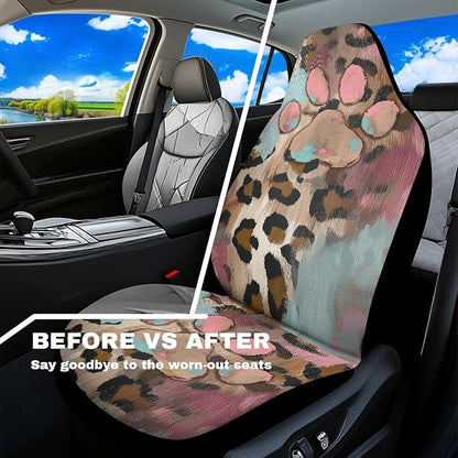 Pink Paw Print Car Seat Cover Waterproof Non-Slip Auto Front Seat Covers Leopard Print Car Bucket Seat Cover Protective Automobile Accessories Interior Universal Fit for Truck Sedan SUV