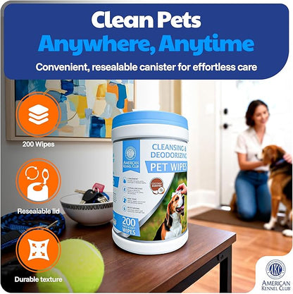 AKC - Pet Wipes for Dogs & Cats | Hypoallergenic Grooming Wipes | Chemical-Free Cleaning for Paws, Face, Ears & Coat | Gentle Moist Wipes for Daily Pet Hygiene & Quick Freshening | 200 Count