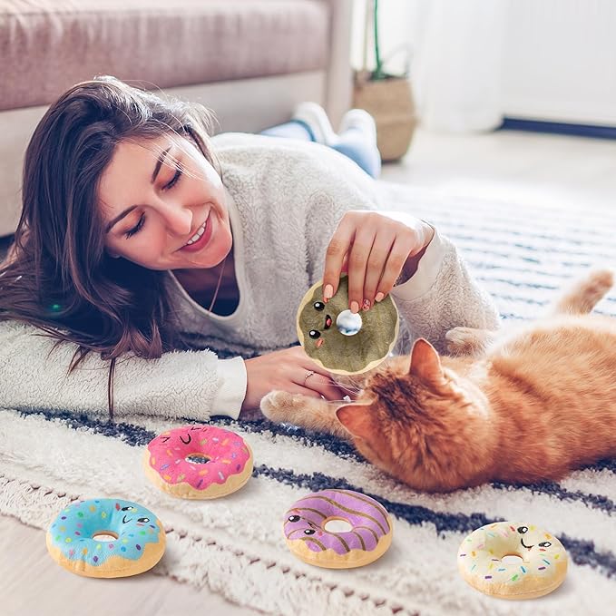 L1rabe Donut Catnip Stuffed Toys - 5Pcs National Pet Day Funny Dessert Organic Cat Toys Pet Supplies, Indoor Cats Chew Bite Teething Tools Kittens Catmint Birthday Gifts Interactive Supplies