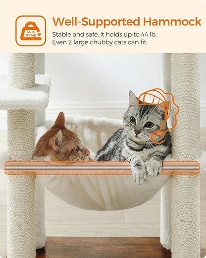 Feandrea Cat Tree, 56.3-Inch Modern Cat Tower, Multi-Level Plush Condo with Scratching Posts, Hammock, Washable Cushion, Rustic Brown UPCT164X01