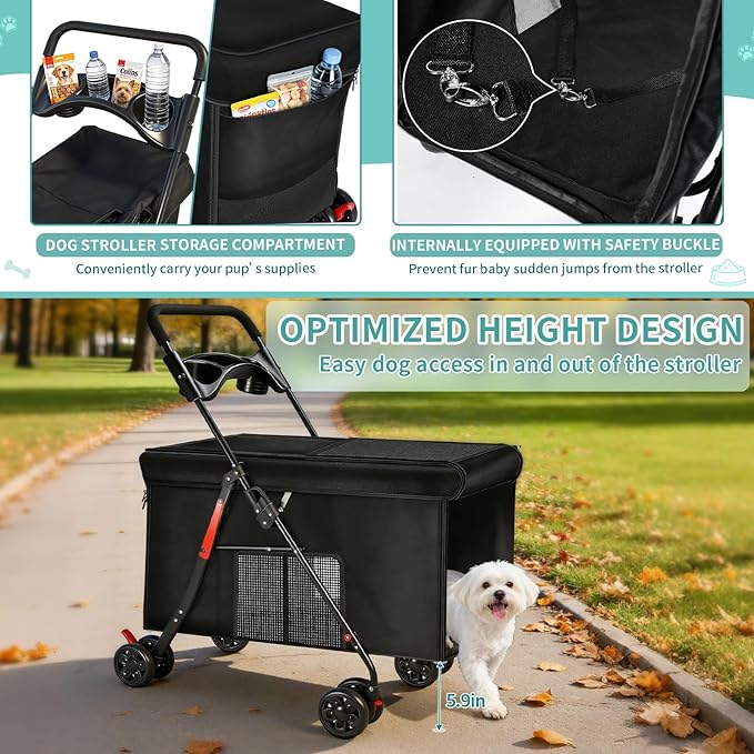 Medium Dog Stroller for Large Dogs, Pet Stroller for Medium Dogs Up to 100lbs, All-Terrain with Handle & Canopy, Storage Organizer, Waterproof Oxford Fiber Black