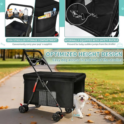 Medium Dog Stroller for Large Dogs, Pet Stroller for Medium Dogs Up to 100lbs, All-Terrain with Handle & Canopy, Storage Organizer, Waterproof Oxford Fiber Black