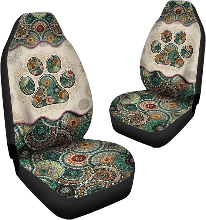Universal Bucket Seats Cover Protector, 2 PCS Colorful Green Boho Mandala Dog Paw Print Waterproof Durable Auto Interior Accessory for Car Truck SUV