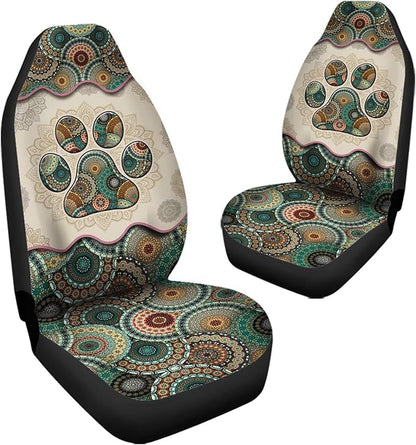 Universal Bucket Seats Cover Protector, 2 PCS Colorful Green Boho Mandala Dog Paw Print Waterproof Durable Auto Interior Accessory for Car Truck SUV