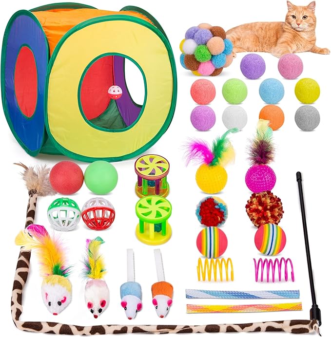 Retro Shaw Cat Toys Pack 33Pcs, Interactive Kitten Toys for Indoor Cats Kitty with Collapsible Play Tunnel Tent, Feather Teaser Wand Bell Balls Springs Mouse Toys for Boredom Relief & Exercise
