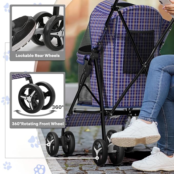 Dog Stroller for Small Dogs 10 lbs -22lbs Puppy Stroller Medium Dog Wagon Small Pet Stroller for Cats, Cat Strollers for 2 Cats, Rear Storage, Plaid
