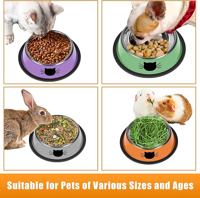 Serentive 3Pcs Cat Bowls, Non-Slip Stainless Steel, 7 Oz, Suitable for Indoor Pets, Removable Rubber Base, Lovely Color