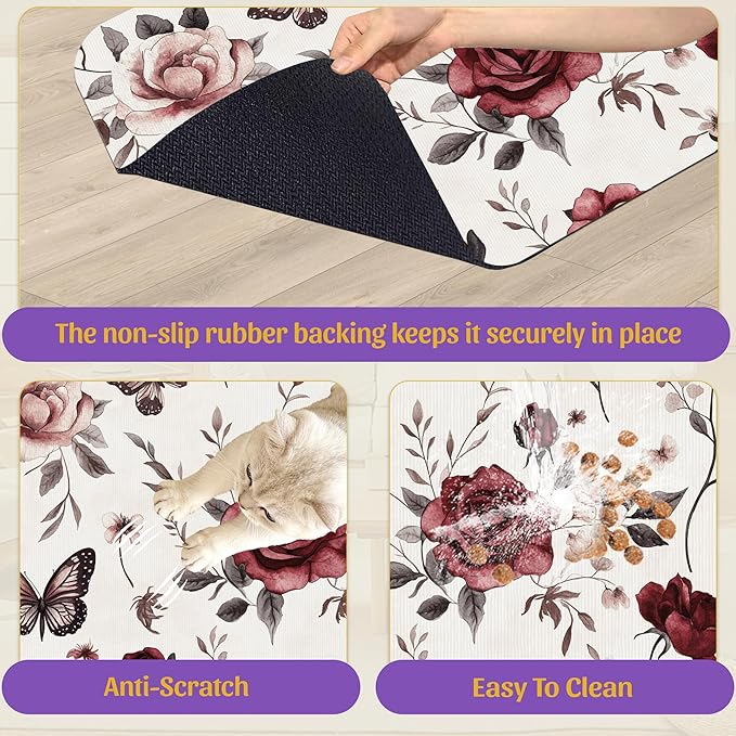 Vintage Flower Butterfly Dog Cat Food Mat, Absorbent Feeding Placemat, Waterproof Non-Skid Bottom – 12x20 Inch
