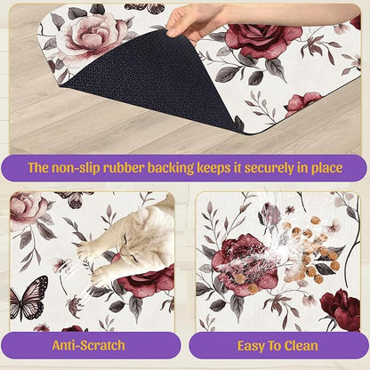 Vintage Flower Butterfly Dog Cat Food Mat, Absorbent Feeding Placemat, Waterproof Non-Skid Bottom – 12x20 Inch