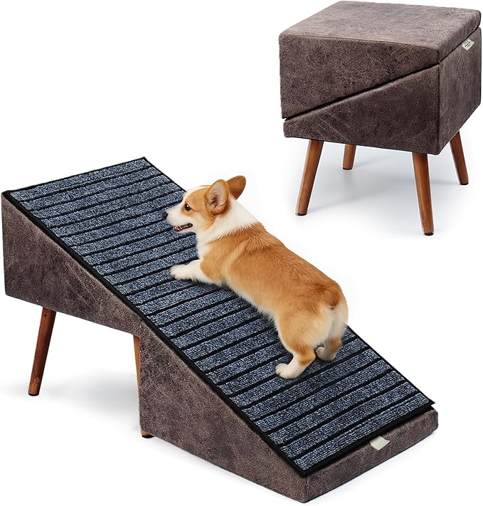 Dog Ramp for Bed and Couch,Wooden Foldable Dog Ramp,17 Inch Working Height, Non-Slip Ramp with Replaceable Carpet for Small Senior Dogs, Furniture Ramp Protect Joints(Brown XL 17" H)