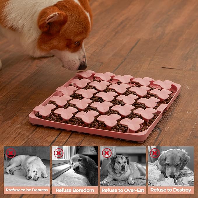 Puzzle Feeder Snuffle Mat for Dogs, Lick Mat for Dogs to Slow Down Eating, Dog Puzzle Toys for Large and Medium Breed Dogs, Silicone Dog Bowls for Dry, Wet, Raw Food, Pink