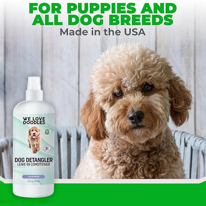 We Love Doodles Dog Comb (2 Packs) & Lavender Detangler Spray 16oz – Pet Grooming Essentials, Stainless Steel Rounded-End Dematting Metal Comb for Dogs, Dog Leave-In Conditioner Spray for Detangling