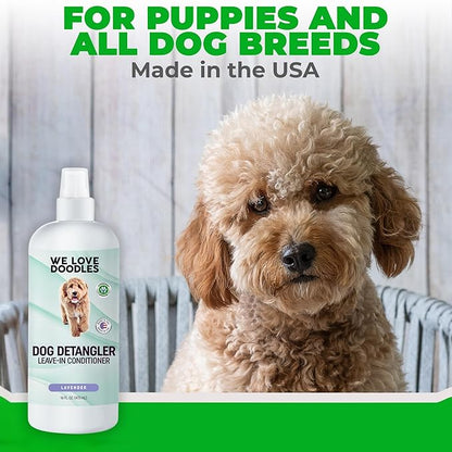 We Love Doodles Dog Comb (2 Packs) & Lavender Detangler Spray 16oz – Pet Grooming Essentials, Stainless Steel Rounded-End Dematting Metal Comb for Dogs, Dog Leave-In Conditioner Spray for Detangling