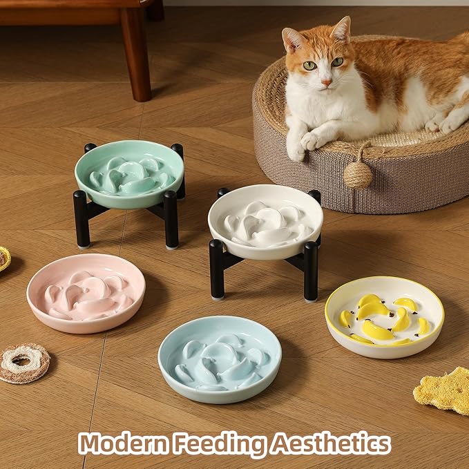 Elevated Slow Feeder Cat Bowl - Ceramic Cat Food Plate with Anti-Slip Stainless Steel Stand - Shallow Maze Dish for Slow Eating - Yellow