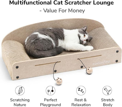 FUKUMARU 26 Inch Cat Scratcher Bed, 2 Reversible Cardboard Cat Scratch Pads Refill for Indoor Cats, Durable Large Cats Scratching Bed Sofa Couch Lounger with Fun Toys, Furniture Protector, Beige