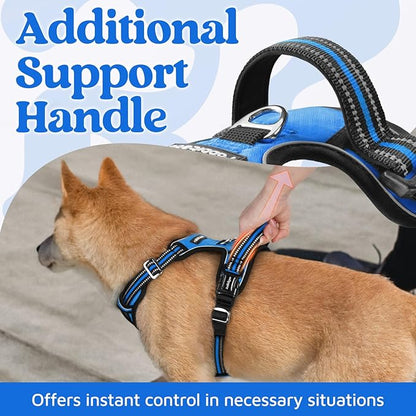 rabbitgoo Dog Harness for Large Dogs, No Pull Pet Vest with 3 Buckles, Adjustable Soft Padded Pet Harness with Easy Control Handle and Reflective Strips, Blue, L