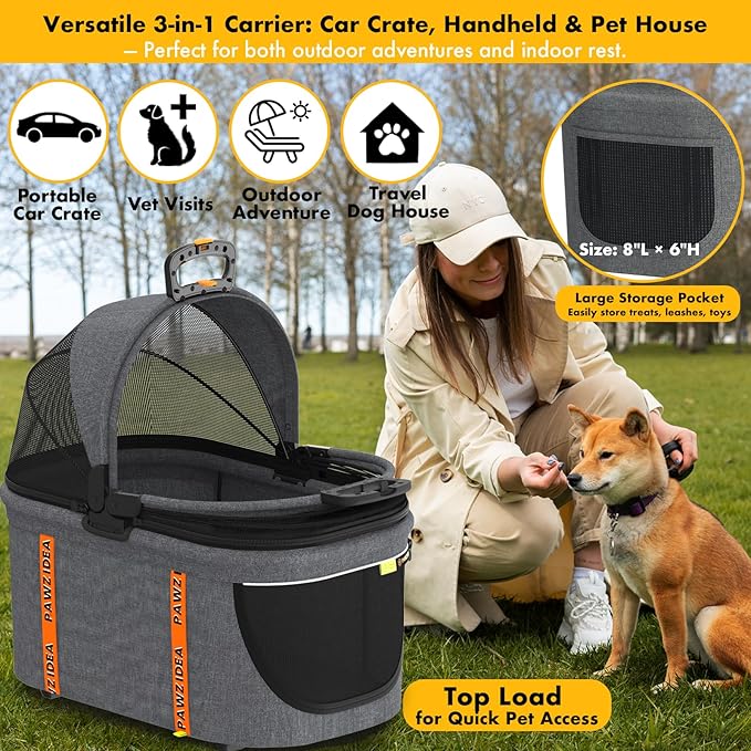 PAWZIDEA Portable Small Dog Crate for Car Travel up 33lbs, Enclosed Dog Car Seat Soft-Sided, Escape-Proof Reversible No-Zip Canopy, Foldable Pet Carrier Seatbelt for Small Medium Puppies & Cats Kennel