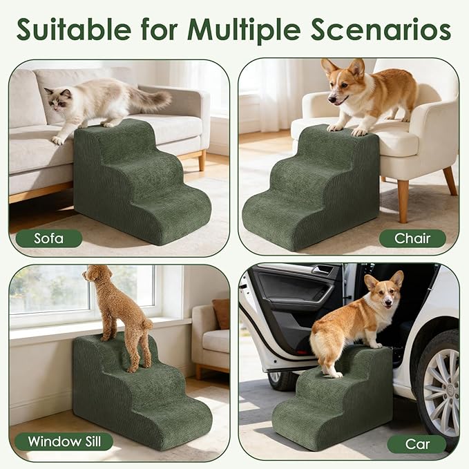Dog Stairs for Bed 15" H, 3-Step Dog Ramp for Aged and Injured Dogs, Up to 50 Lbs Foam Pet Stairs for Small Dogs and Cats to Get on Couch or Chair, Non-Slip, Steady, Washable Cover, Green