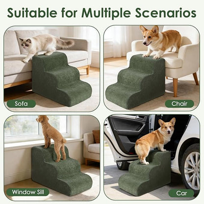 Dog Stairs for Bed 15" H, 3-Step Dog Ramp for Aged and Injured Dogs, Up to 50 Lbs Foam Pet Stairs for Small Dogs and Cats to Get on Couch or Chair, Non-Slip, Steady, Washable Cover, Green