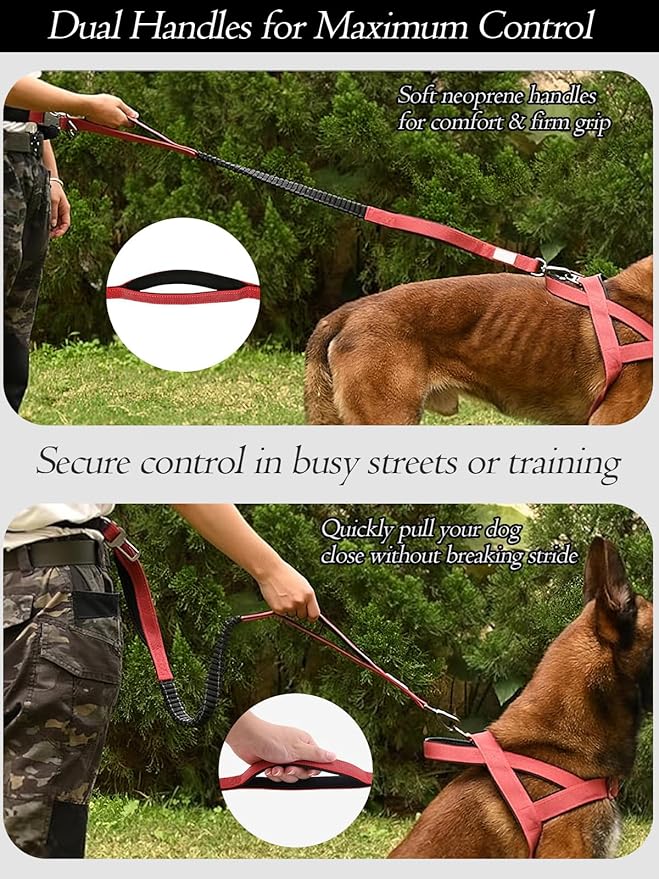 Hands Free Dog Leash with Zipper Pouch & Waist Belt – Reflective Durable Bungee Leash with Dual Padded Handles for Walking, Jogging & Running, Fits Small to Large Dogs (Red)