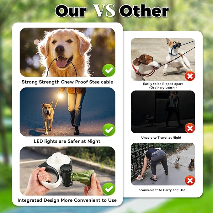 26ft Heavy Duty Retractable Dog Leash for Large Dogs, Dog Leash with Poop Bag Holder, Up to 100lbs, with LED Light, Chew Proof Cable, One-Handed Pause & Lock, 360° No Tangle. (White, 26Ft)