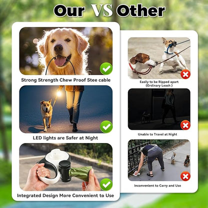 26ft Heavy Duty Retractable Dog Leash for Large Dogs, Dog Leash with Poop Bag Holder, Up to 100lbs, with LED Light, Chew Proof Cable, One-Handed Pause & Lock, 360° No Tangle. (White, 26Ft)
