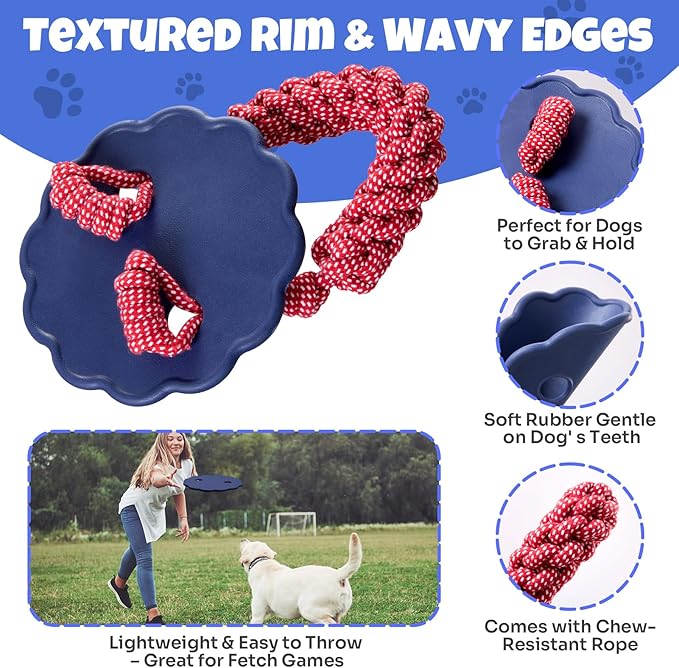 Interactive Dog Flying Disc and Rope Toy – 2-in-1 Toy for Medium and Large Dogs Outdoor Training and Fetch in Blue and Red