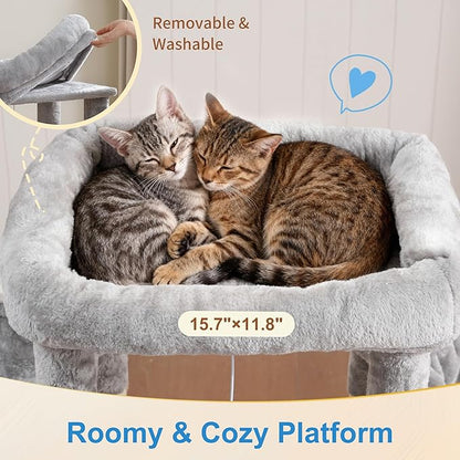 Hey-brother Cat Tree Tower with Extra Large Platform, Spacious Condo, 2 Cozy Hammocks, Self-Grooming Brush, Sisal Scratching Posts for Big Indoor Adult, Maine Coon, 35.4 Inches, Light Gray MPJ060W