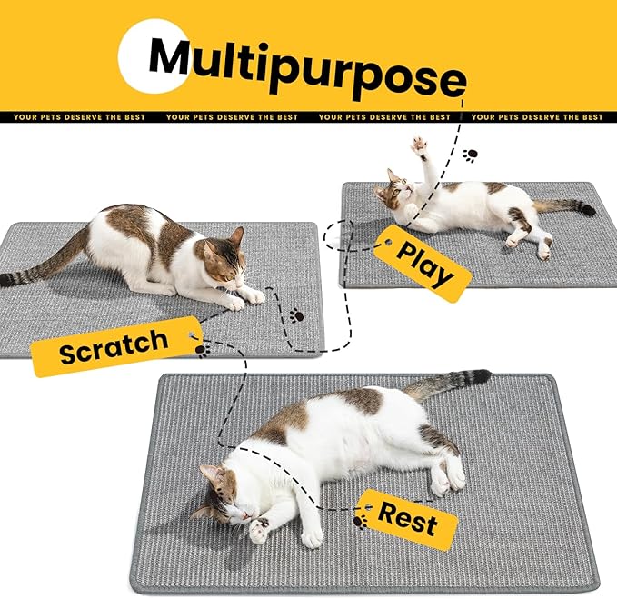 Cat Scratcher Mat,Natural Sisal Cat Scratch Pad with Hook&Loop Tape,Horizontal Floor Kitty Scratching Pads Rug for Indoor,Cat Furniture Protector for Couch&Carpets&Sofas, Medium, Grey, 2 Pack