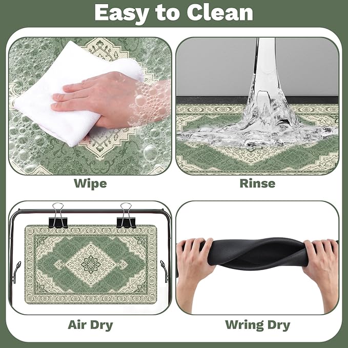 Pet Dog Cat Food Mat, Absorbent Dog Bowl Mats for Food and Water, Non Slip Boho Dogs Cat Placemats Feeding Mat for Floors Indoor Puppy Pet Accessories Supplies 17 * 30 inch, Retro Green