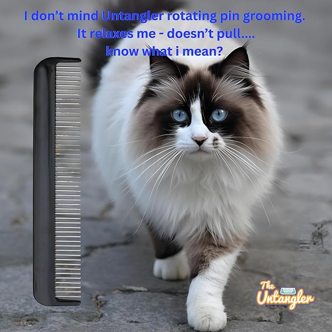 Pet comb for easy mat removal - silky smooth rotating teeth untangles without causing pain to pets (7" Onyx Black)